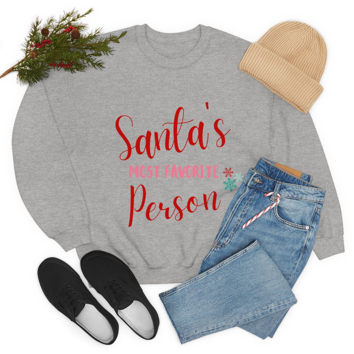 Women's Santa's Favorite Sweatshirt in white, featuring a loose fit and ribbed knit collar, perfect for holiday celebrations.