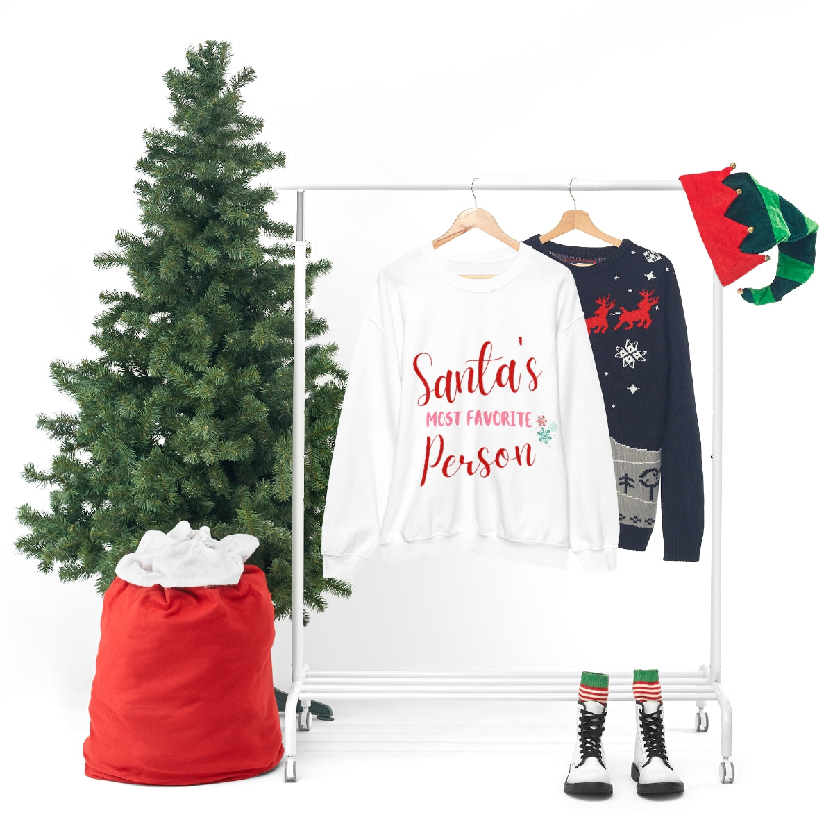 Women's Santa's Favorite Sweatshirt in white, featuring a loose fit and ribbed knit collar, perfect for holiday celebrations.