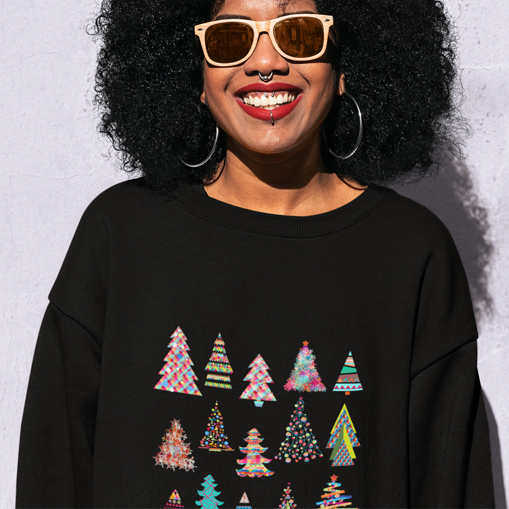 Womens Christmas Tree Sweatshirt featuring a loose fit and ribbed collar, perfect for holiday celebrations.