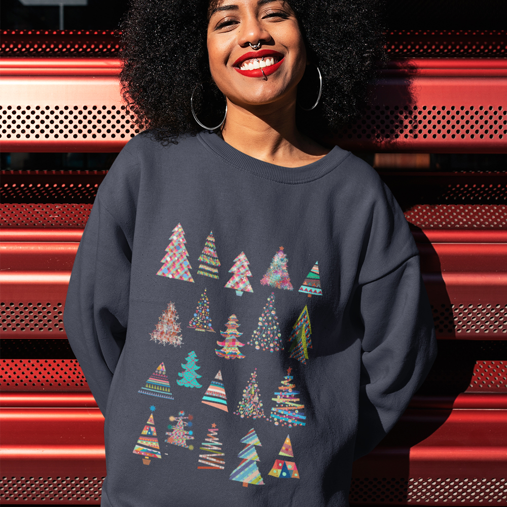 Womens Christmas Tree Sweatshirt featuring a loose fit and ribbed collar, perfect for holiday celebrations.