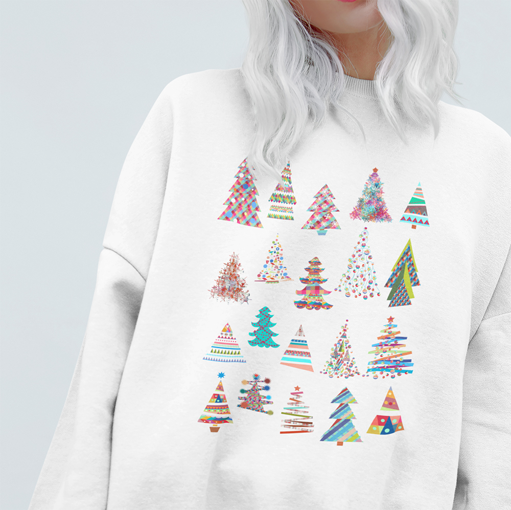 Womens Christmas Tree Sweatshirt featuring a loose fit and ribbed collar, perfect for holiday celebrations.