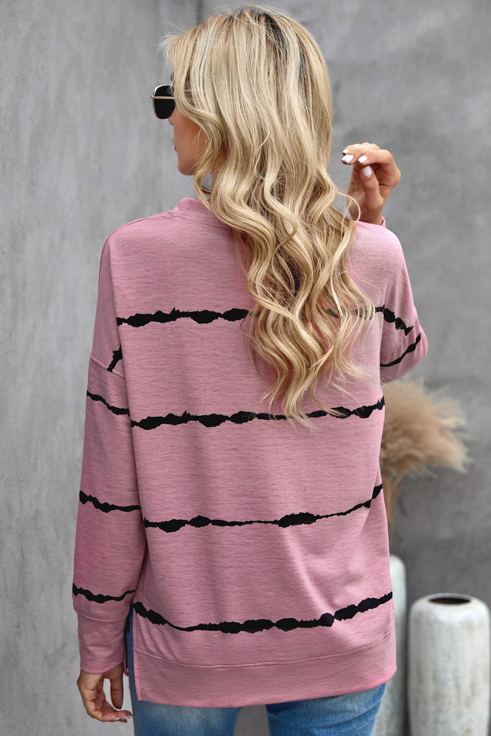 Womens Tie-dye Stripes Pink Sweatshirt featuring a vibrant pink color with stylish striped patterns, perfect for casual wear.