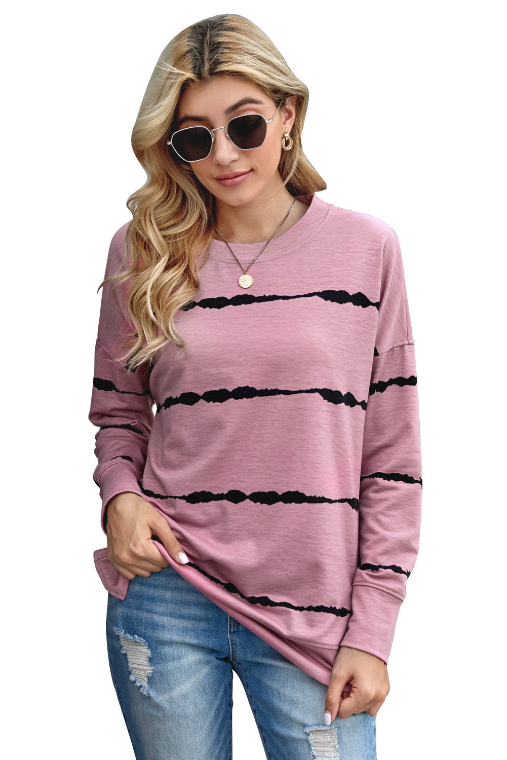 Womens Tie-dye Stripes Pink Sweatshirt featuring a vibrant pink color with stylish striped patterns, perfect for casual wear.