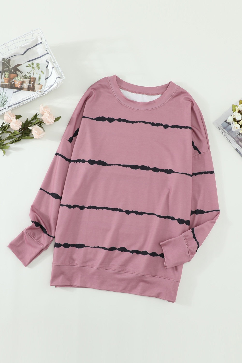 Womens Tie-dye Stripes Pink Sweatshirt featuring a vibrant pink color with stylish striped patterns, perfect for casual wear.