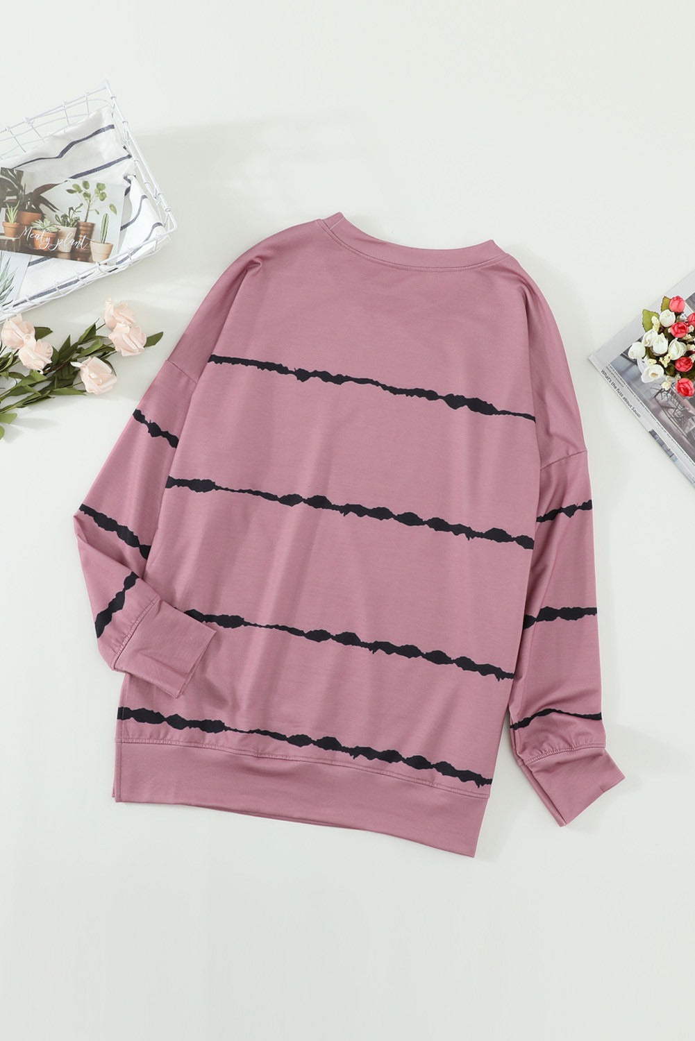 Womens Tie-dye Stripes Pink Sweatshirt featuring a vibrant pink color with stylish striped patterns, perfect for casual wear.