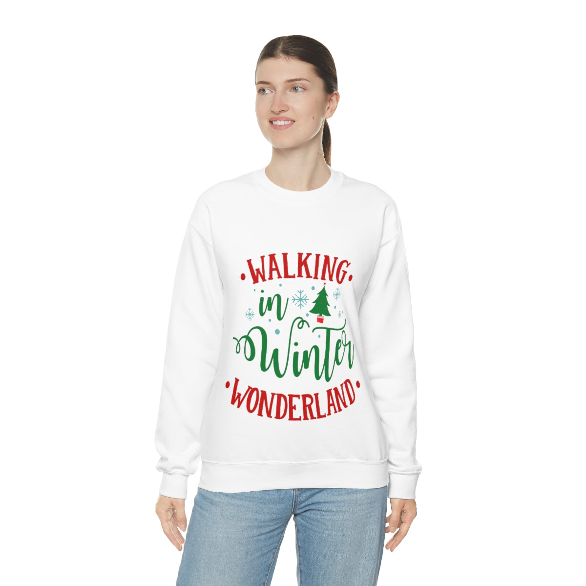 Womens Winter Wonderland Sweatshirt in white, featuring a loose fit and ribbed collar, perfect for holiday festivities.