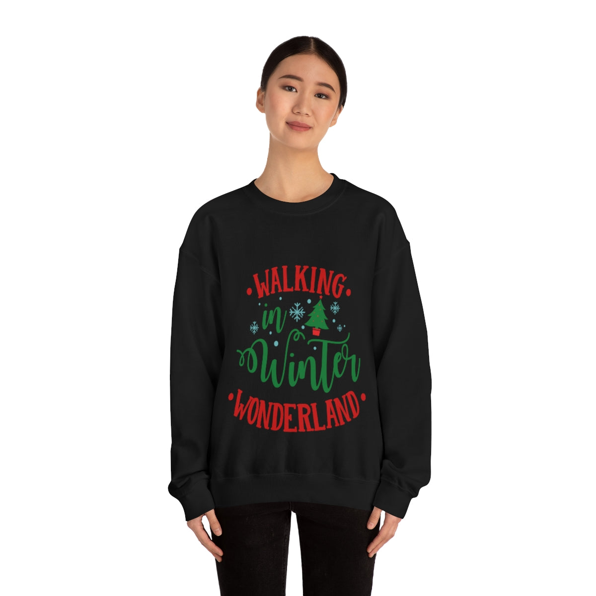 Womens Winter Wonderland Sweatshirt in white, featuring a loose fit and ribbed collar, perfect for holiday festivities.