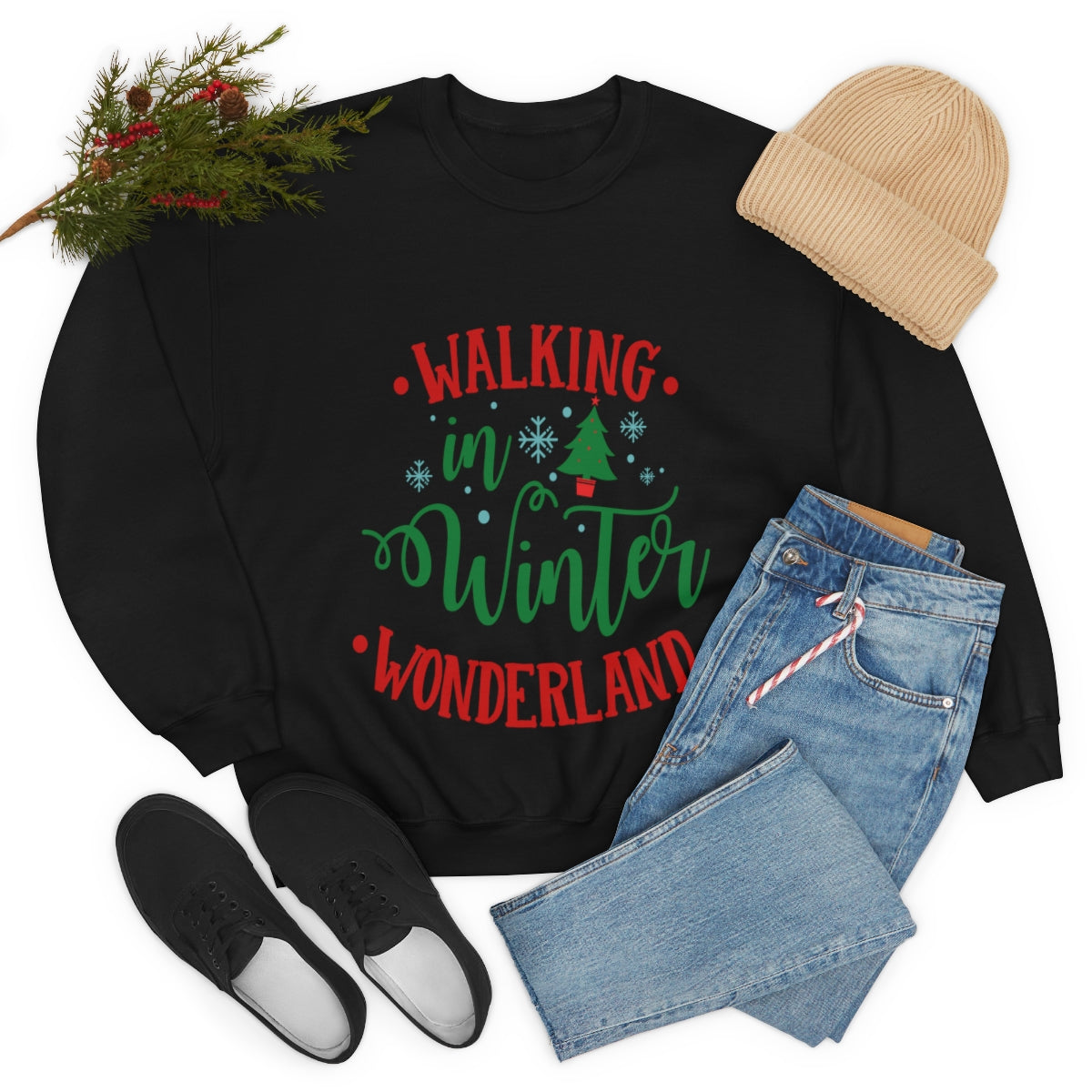 Womens Winter Wonderland Sweatshirt in white, featuring a loose fit and ribbed collar, perfect for holiday festivities.