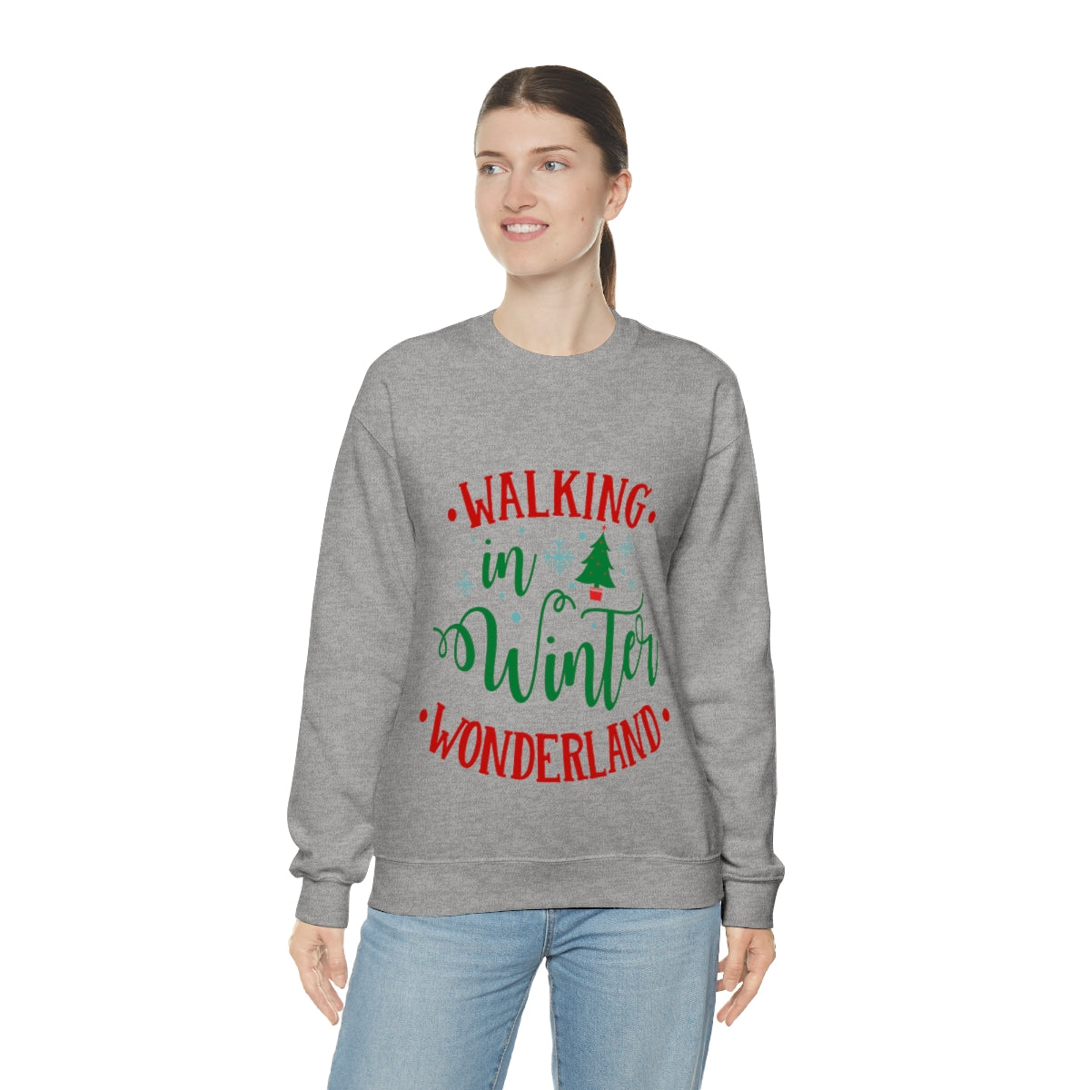 Womens Winter Wonderland Sweatshirt in white, featuring a loose fit and ribbed collar, perfect for holiday festivities.