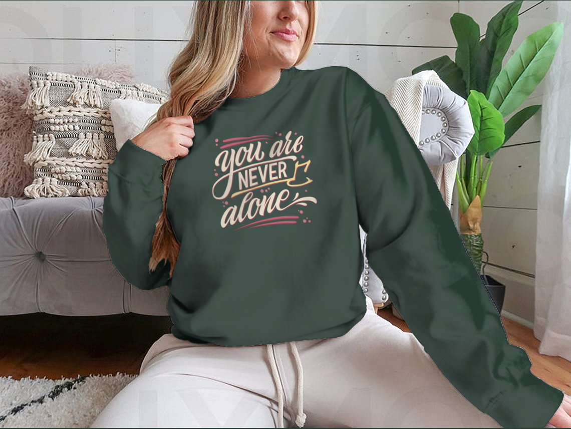 A comfortable cotton t-shirt featuring the hand-drawn lettering phrase 'You Are Never Alone', promoting mental health awareness.