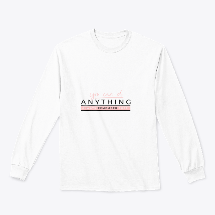 Motivational quote apparel featuring blush pink lettering saying 'You Can Do Anything' on a soft fabric background.