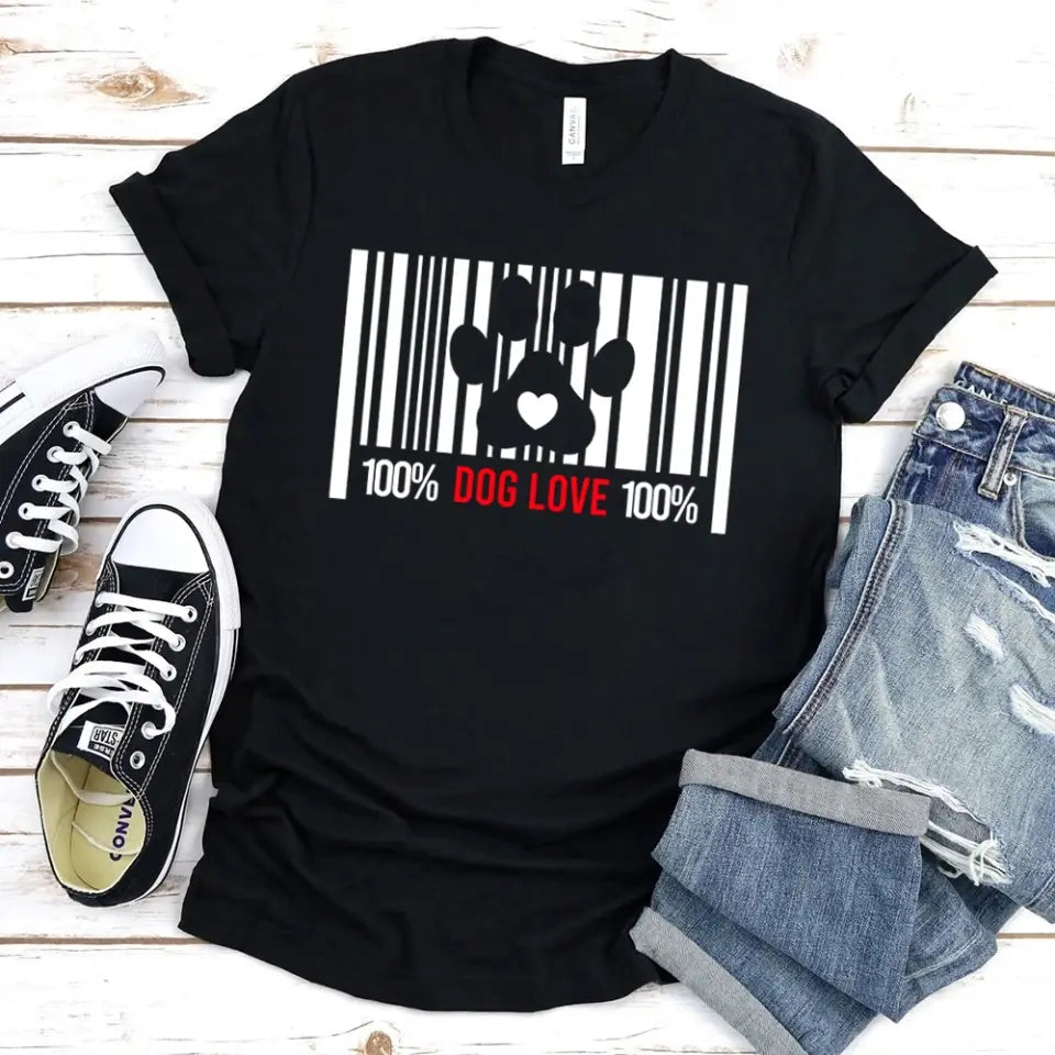 A stylish 100% Dog Love Barcode Tee featuring a paw print design, perfect for pet lovers, made from soft Ringspun Cotton.