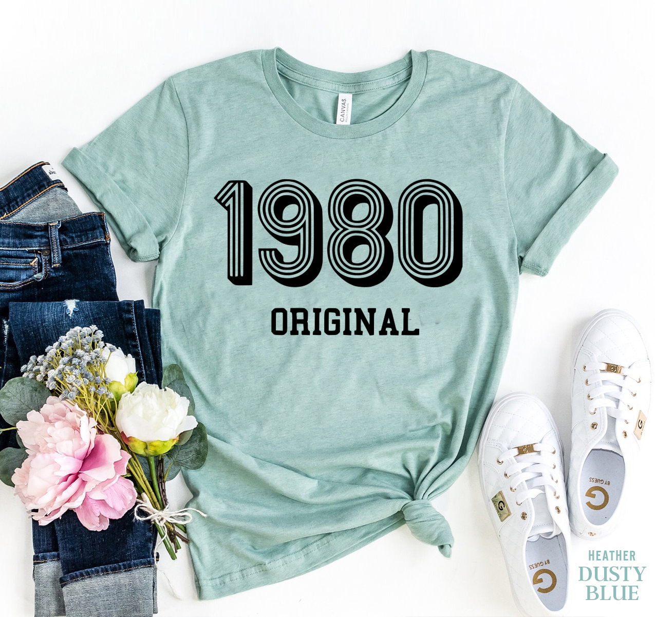 1980 Original T-shirt made of premium ring spun cotton, featuring a soft textile flex print design, available in various sizes.