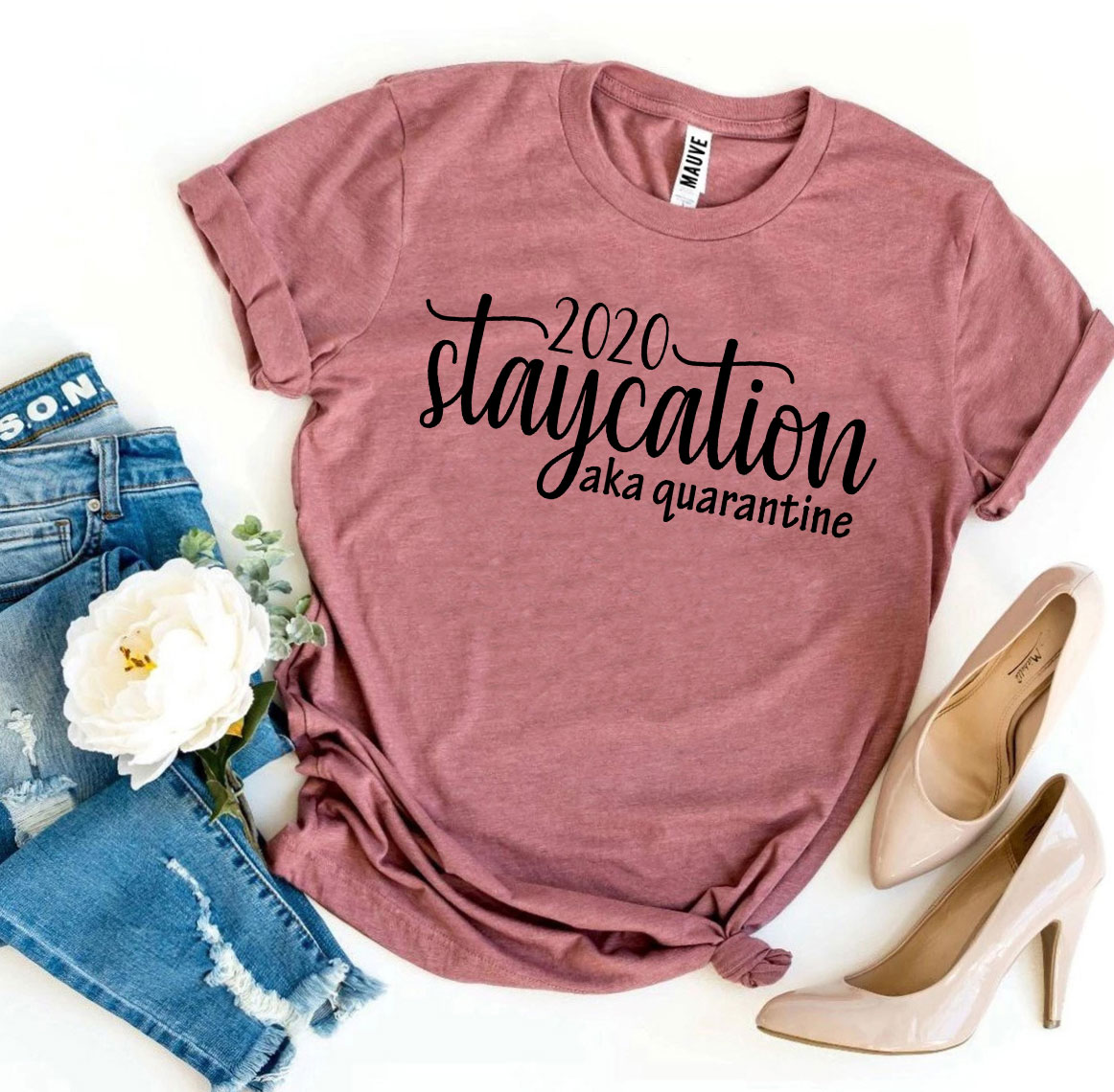 2020 Staycation Quarantine T-shirt made of premium ring spun cotton, featuring a soft textile flex print design.