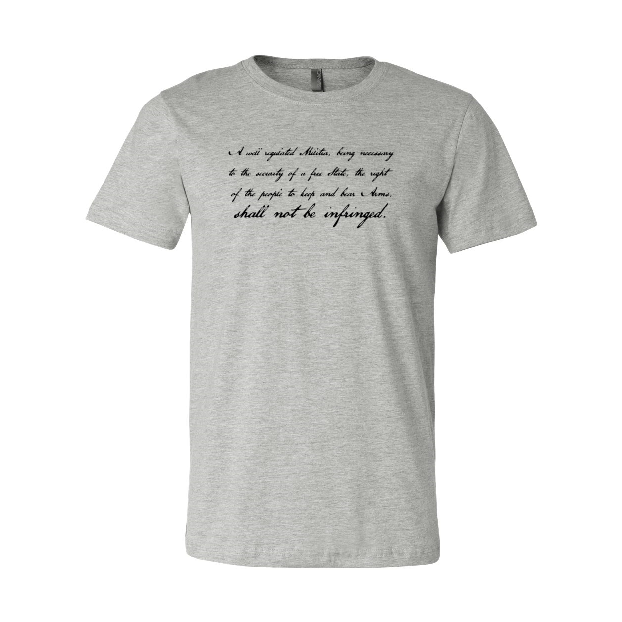 A unisex T-shirt featuring the 2nd Amendment Preamble design, made from soft ring spun cotton, available in multiple colors.