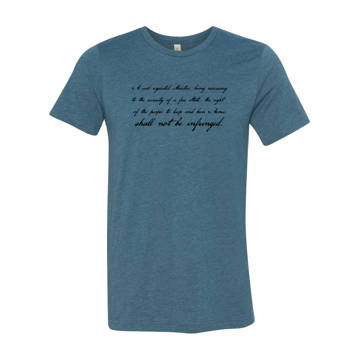 A unisex T-shirt featuring the 2nd Amendment Preamble design, made from soft ring spun cotton, available in multiple colors.