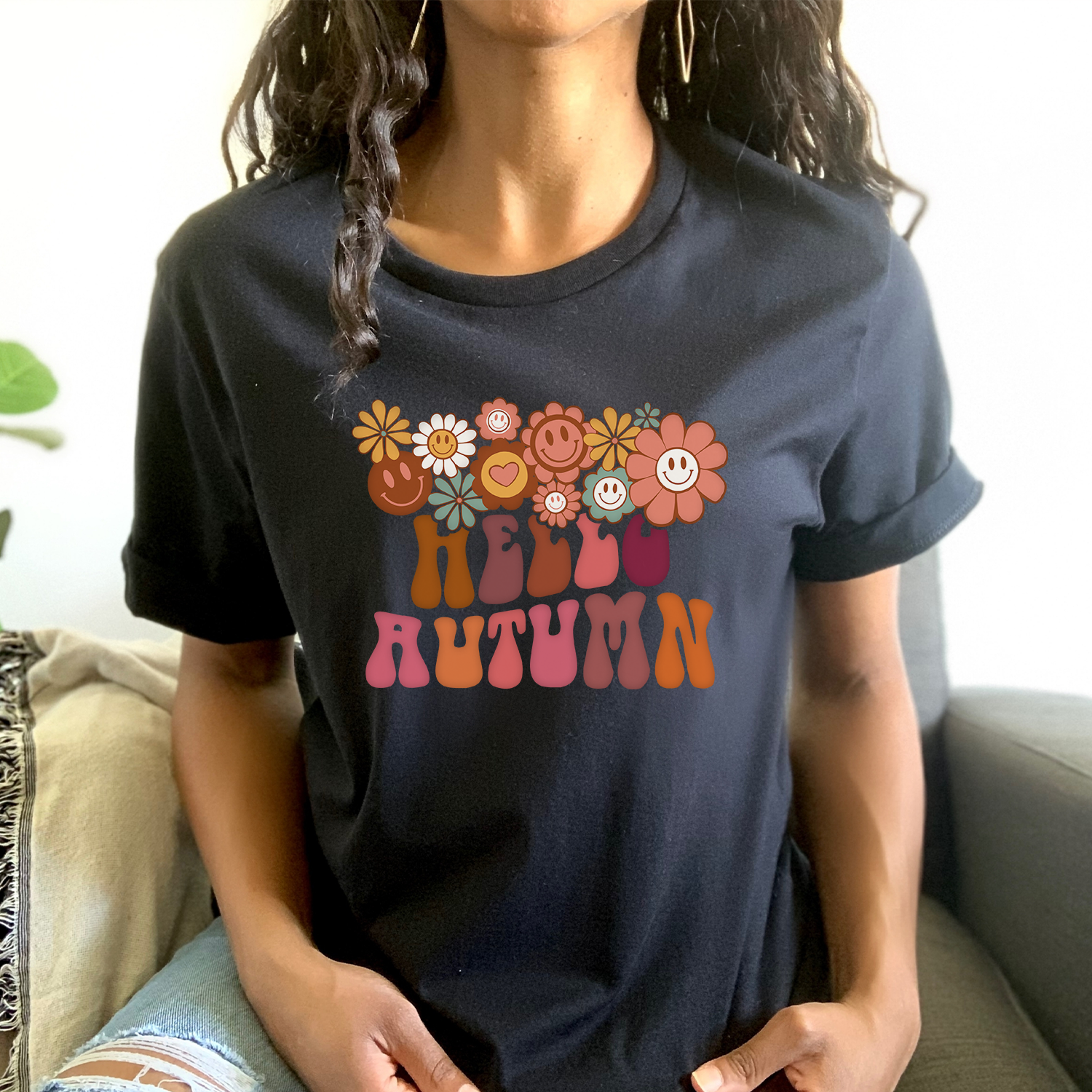 90s Hello Autumn Unisex T-shirt featuring vibrant autumn-themed design, perfect for casual wear.