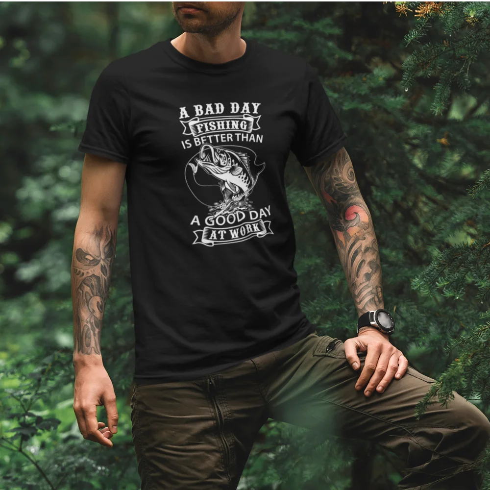 A Bad Day Fishing T-Shirt featuring a humorous fishing quote, designed for comfort and style.