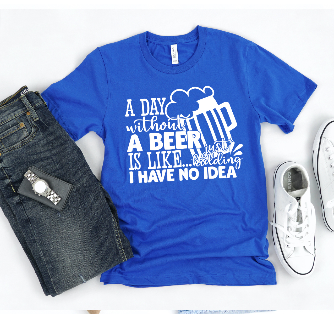 A Day Without Beer T-shirt featuring a humorous design, made from soft, high-quality cotton, available in various sizes.