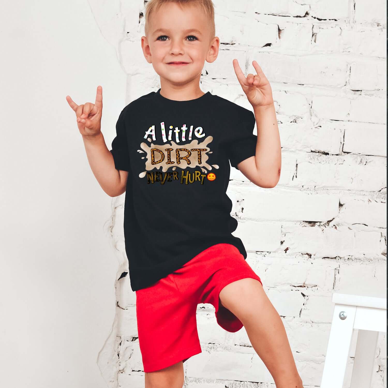 A Little Dirt Toddler T-shirt featuring vibrant DTG printed design, soft fabric, and comfortable fit for active kids.