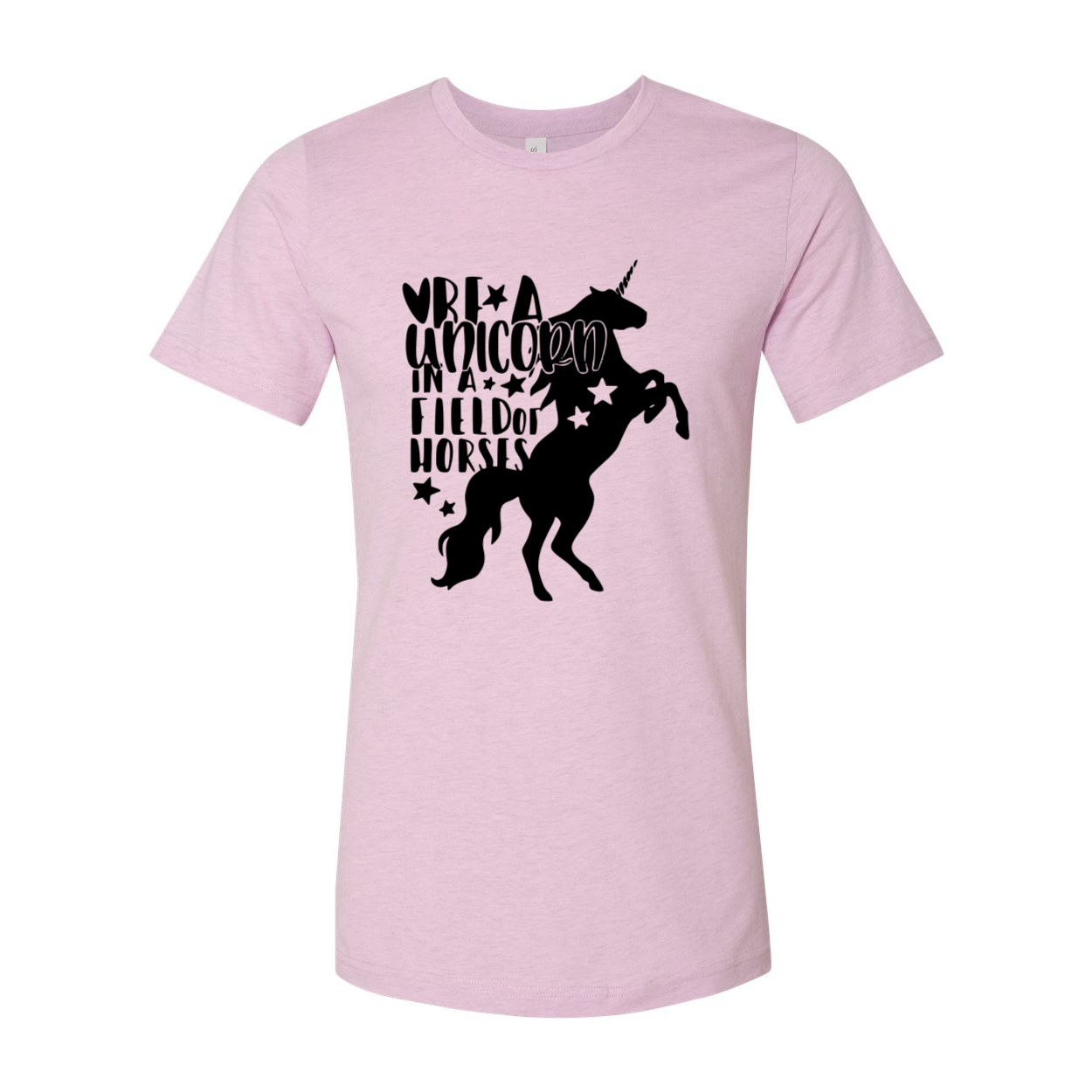 A stylish unisex T-shirt featuring a whimsical unicorn design in a field, made from soft ring spun cotton.