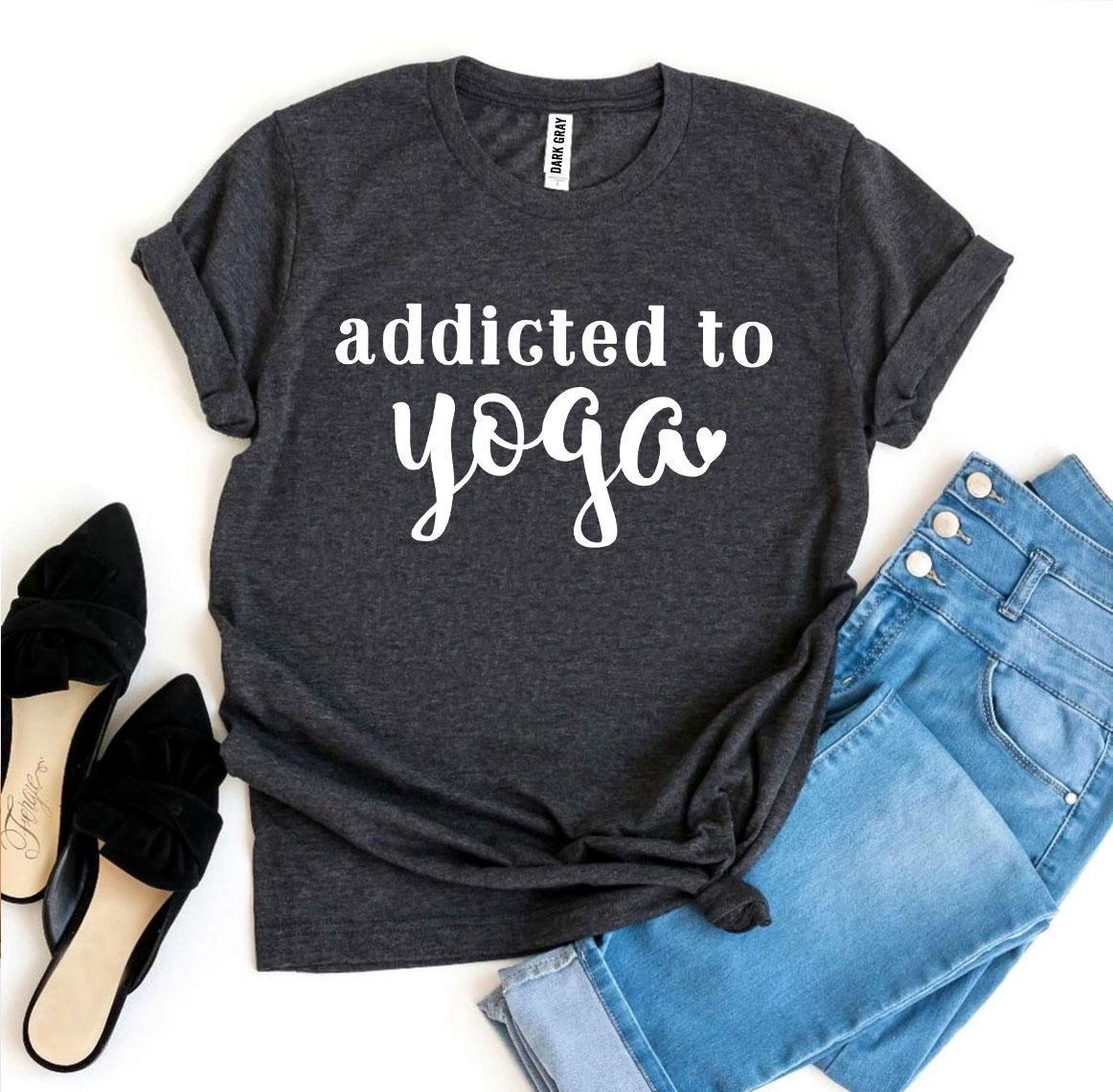 Addicted To Yoga T-shirt made of premium ring spun cotton, featuring a soft textile flex print design, available in various sizes.