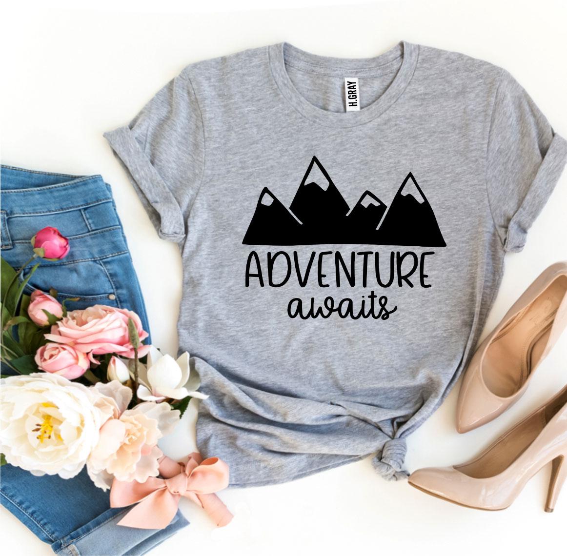 Adventure Awaits T-shirt made of premium ring spun cotton with a vibrant flex print design, available in various sizes.