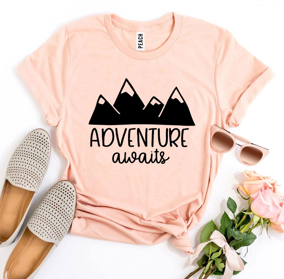 Adventure Awaits T-shirt made of premium ring spun cotton with a vibrant flex print design, available in various sizes.