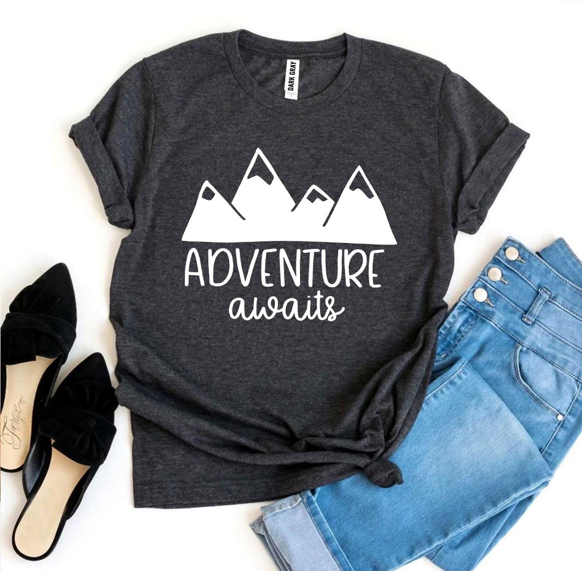 Adventure Awaits T-shirt made of premium ring spun cotton with a vibrant flex print design, available in various sizes.