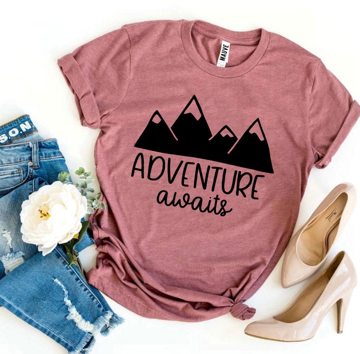 Adventure Awaits T-shirt made of premium ring spun cotton with a vibrant flex print design, available in various sizes.