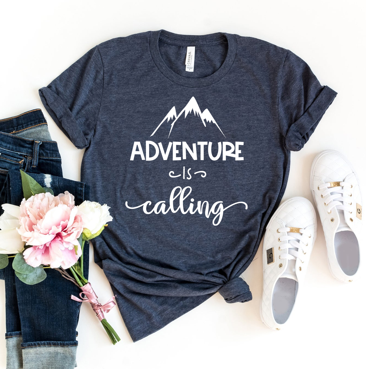 Adventure Is Calling T-shirt made of premium ring spun cotton, featuring a vibrant flex print design, available in various sizes.