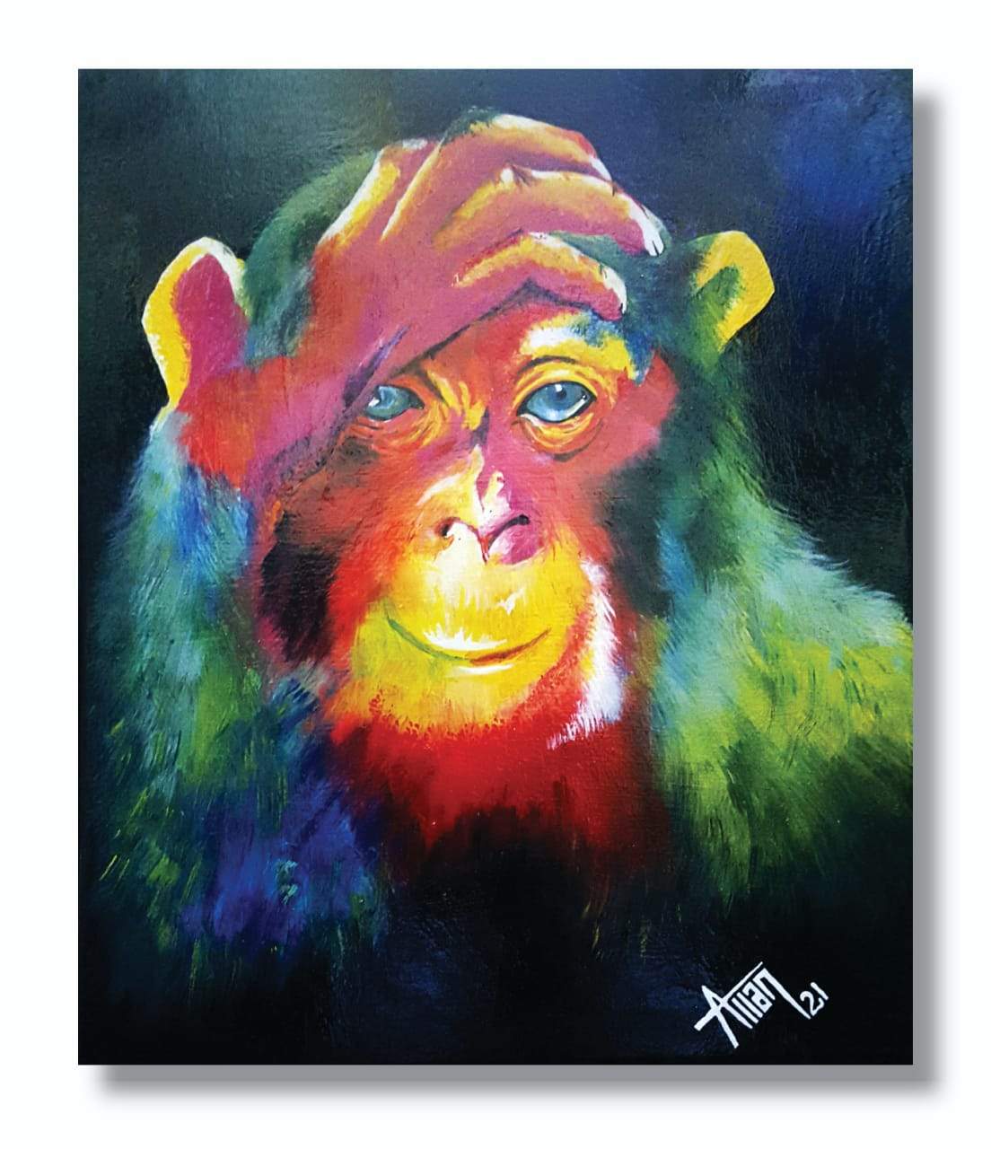 A beautifully framed African canvas hand wall painting featuring a vibrant chimpanzee, showcasing intricate details and modern design.