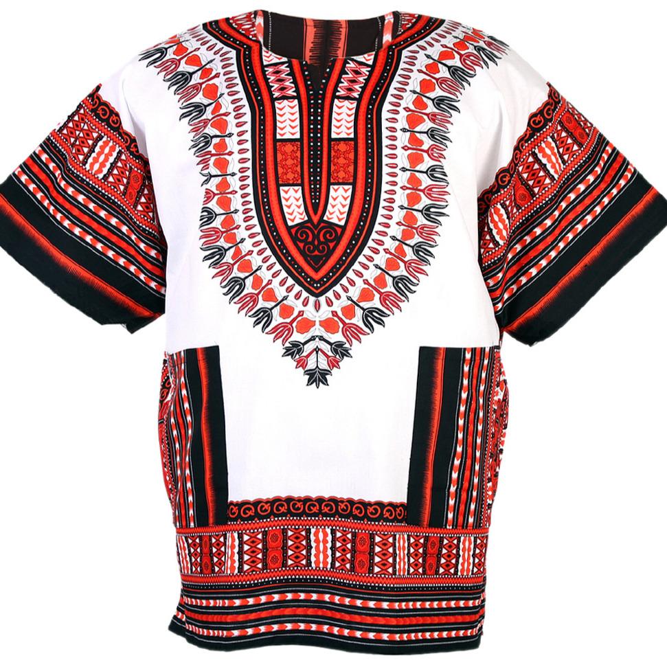 A stylish African Dashiki shirt made from 100% cotton, featuring a reversible design in white, red, and black colors.