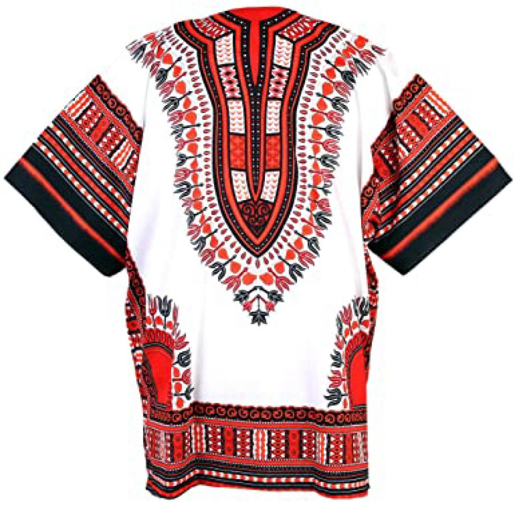 A stylish African Dashiki shirt made from 100% cotton, featuring a reversible design in white, red, and black colors.