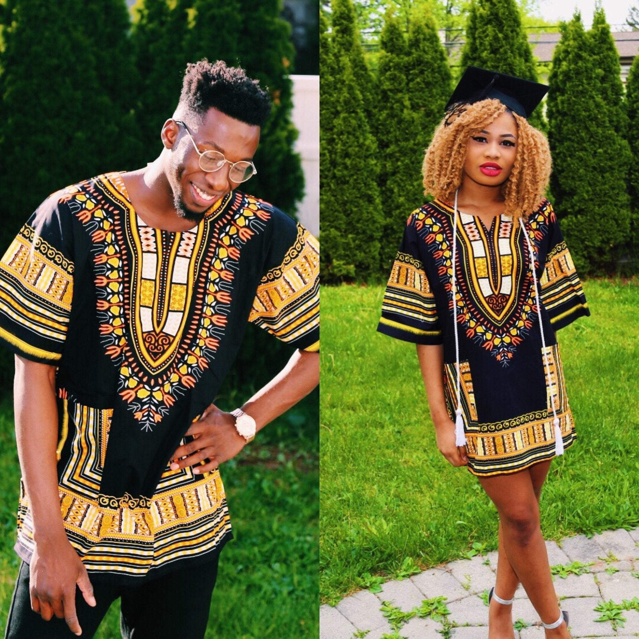 African Dashiki Unisex Shirt in black, yellow, and orange colors, showcasing its unique handmade design and comfortable fit.