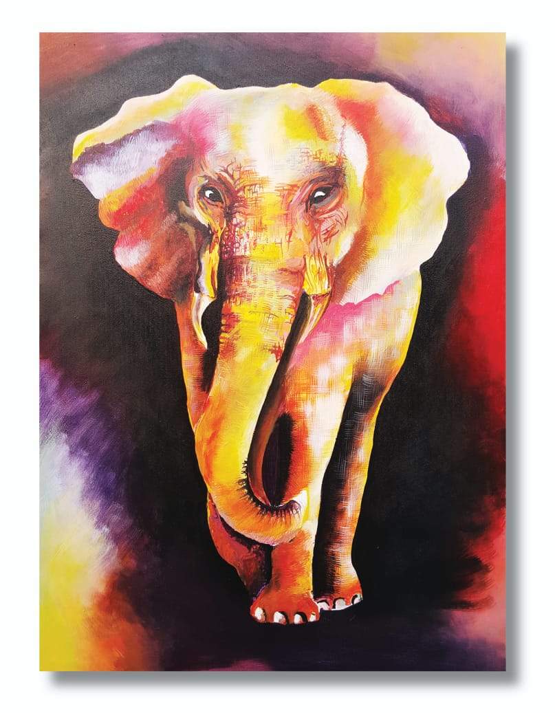 Hand-painted canvas wall decor featuring a vibrant African elephant design, crafted by Ugandan artisans.