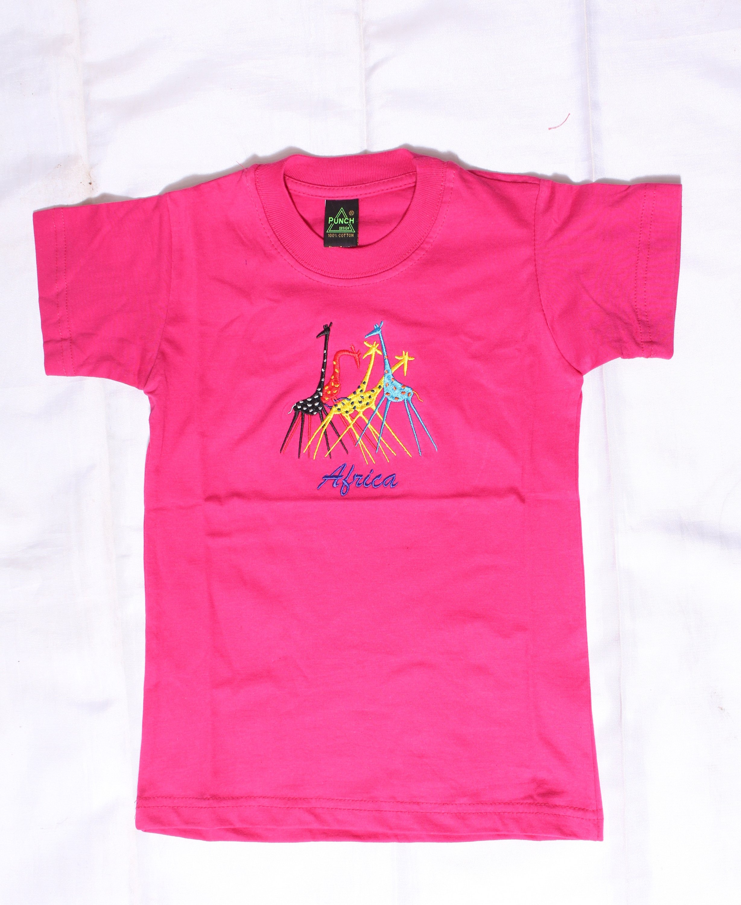 Kids' African Embroidery Round Neck T-Shirt in vibrant pink, featuring a durable ribbed neckband and double-needle hem.