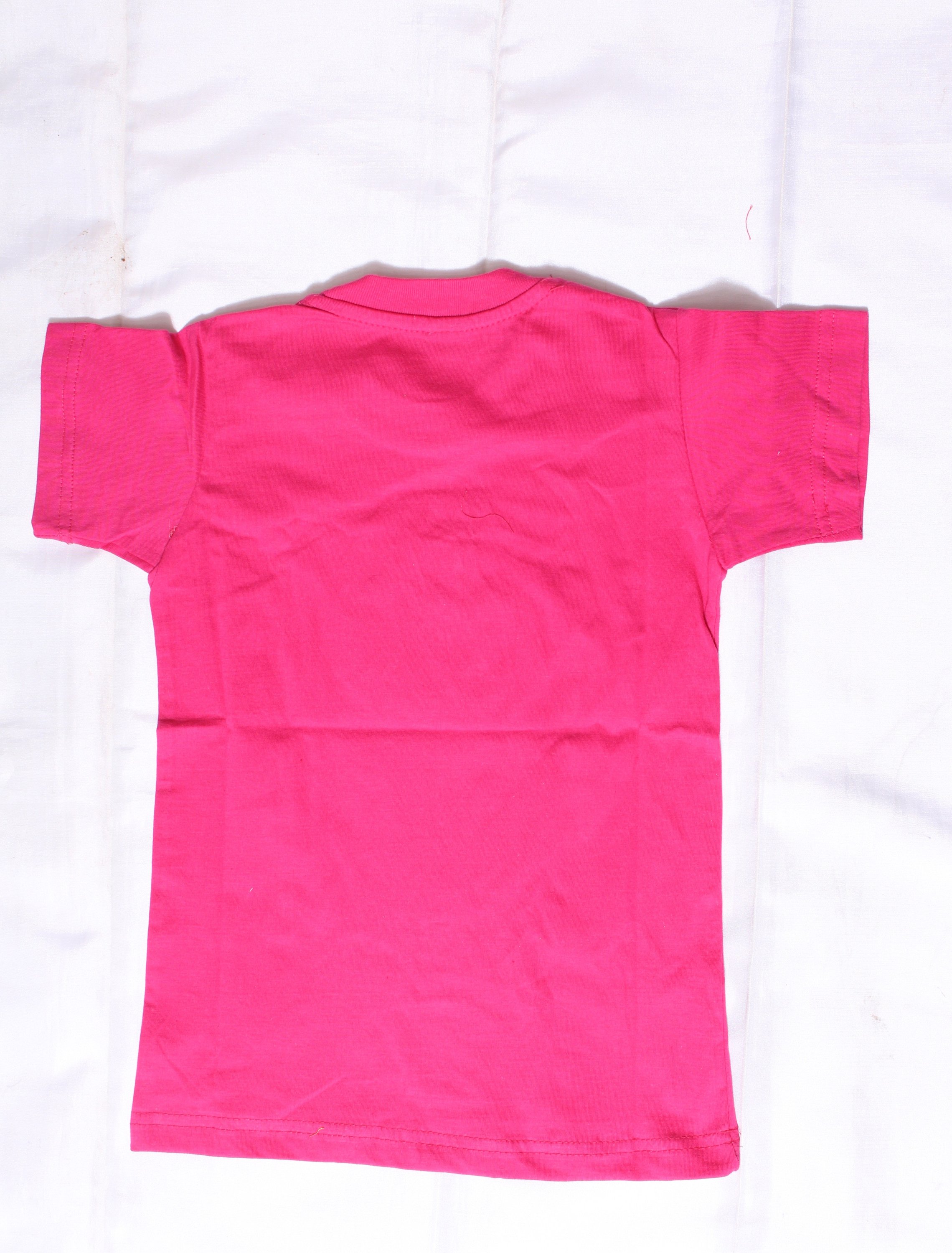 Kids' African Embroidery Round Neck T-Shirt in vibrant pink, featuring a durable ribbed neckband and double-needle hem.