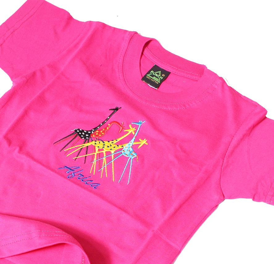 Kids' African Embroidery Round Neck T-Shirt in vibrant pink, featuring a durable ribbed neckband and double-needle hem.