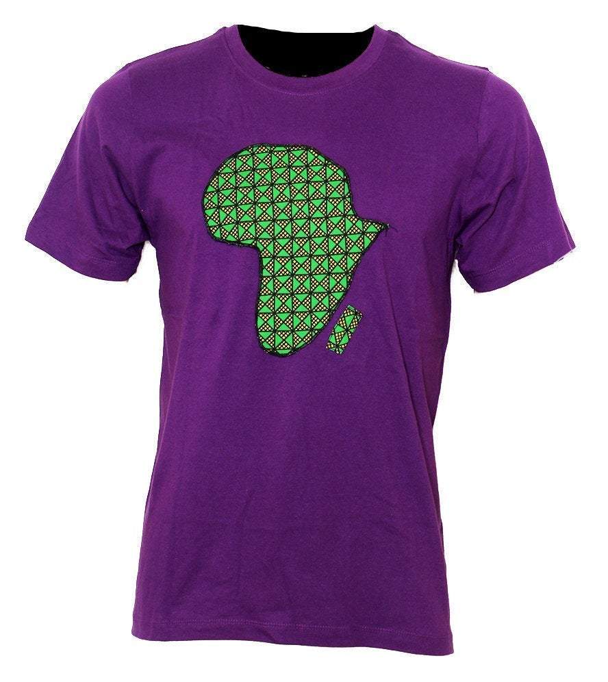 African Men and Women Ankara T-Shirt featuring a purple color and unique African Map design made from Kente Print fabric.