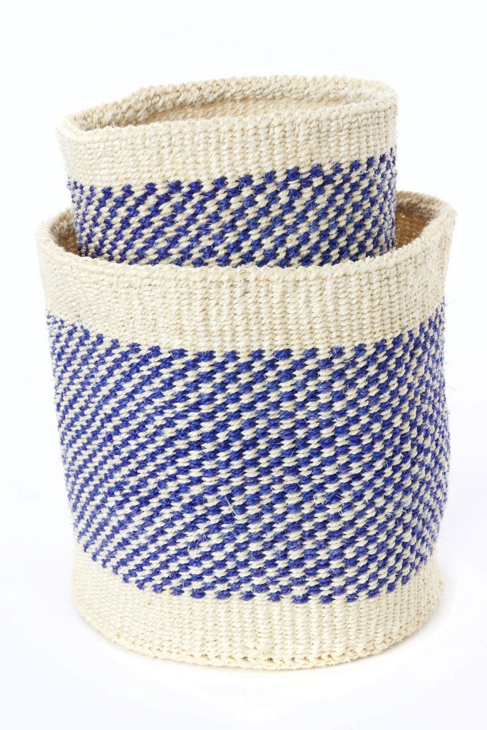 Handwoven African storage basket made from sisal grass, showcasing intricate patterns and natural colors, available in three sizes.