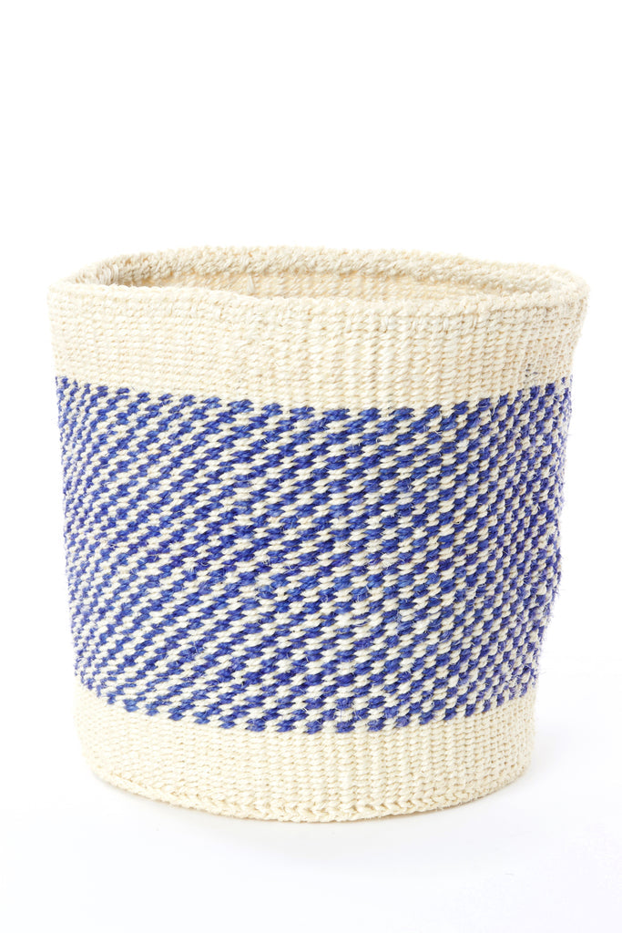 Handwoven African storage basket made from sisal grass, showcasing intricate patterns and natural colors, available in three sizes.