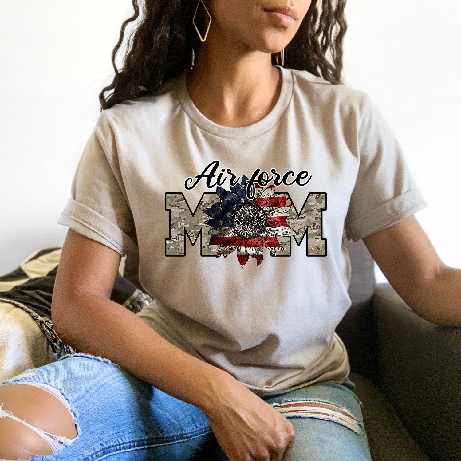 Air Force Mom Flag Flower Unisex T-shirt featuring a vibrant flag and floral design, perfect for military moms.