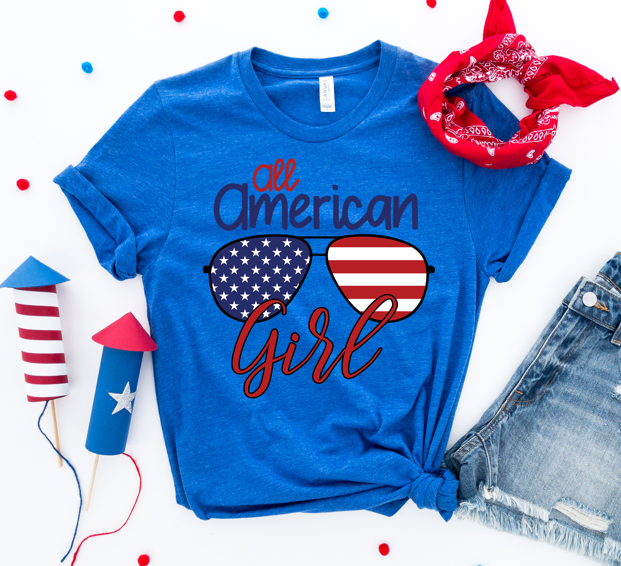 All American Girl T-shirt made of premium ring spun cotton, featuring a vibrant design perfect for Independence Day celebrations.