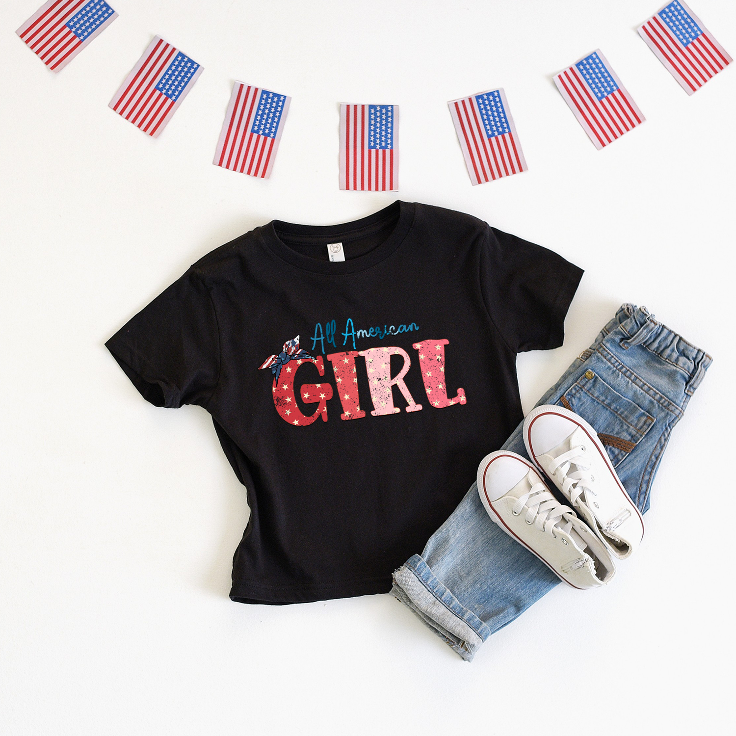 All American Girl Youth T-shirt featuring vibrant patriotic design, perfect for young girls.