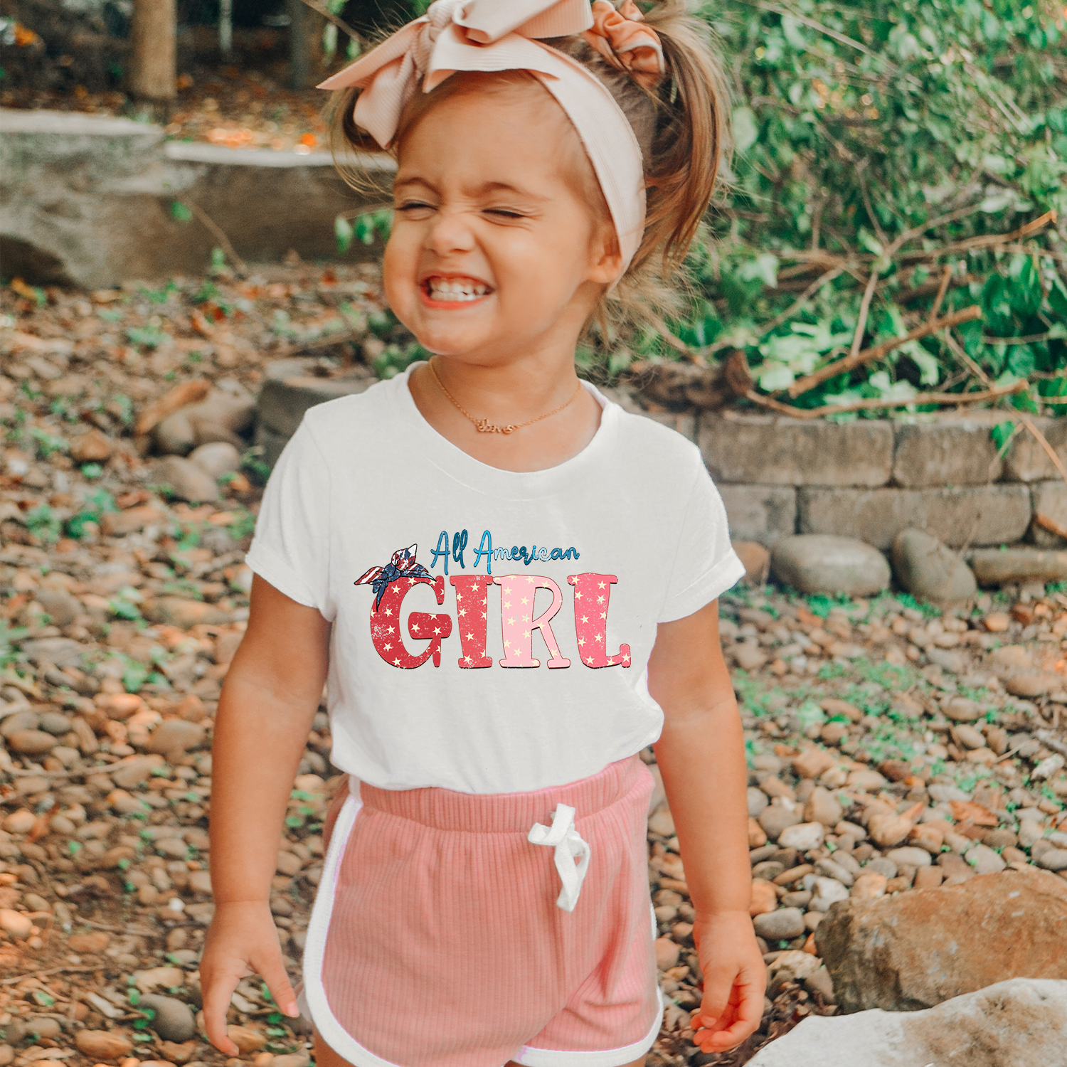 All American Girl Youth T-shirt featuring vibrant patriotic design, perfect for young girls.