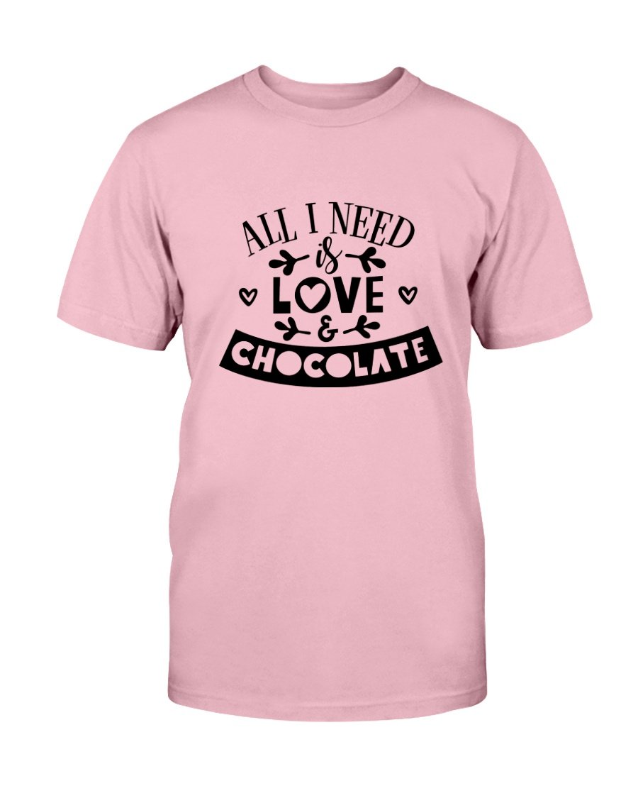 Unisex T-shirt featuring the phrase 'All I Need Is Love & Chocolate' in vibrant print, made from soft ring spun cotton.