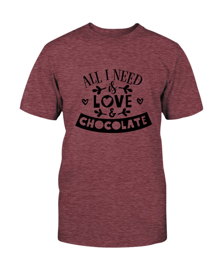 Unisex T-shirt featuring the phrase 'All I Need Is Love & Chocolate' in vibrant print, made from soft ring spun cotton.