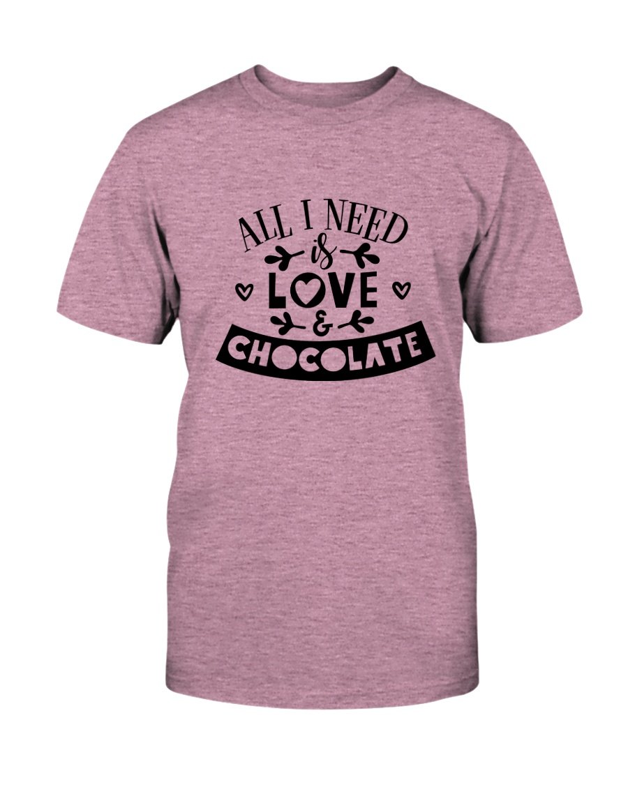 Unisex T-shirt featuring the phrase 'All I Need Is Love & Chocolate' in vibrant print, made from soft ring spun cotton.