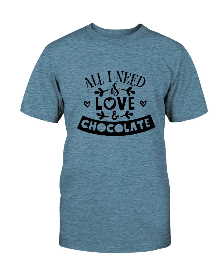 Unisex T-shirt featuring the phrase 'All I Need Is Love & Chocolate' in vibrant print, made from soft ring spun cotton.